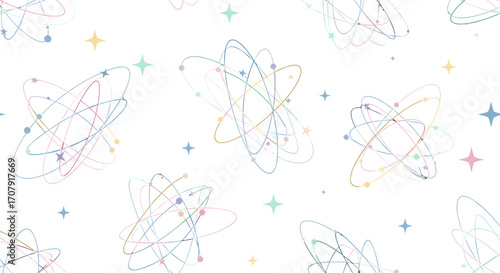 Hand drawn atomic structures in a seamless scientific pattern.
