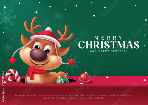Cute cartoon reindeer in Christmas hat and scarf holding a candy cane, with baubles around. Ideal for cards, flyers, party invites, and seasonal decorations full of holiday joy vector illustration.