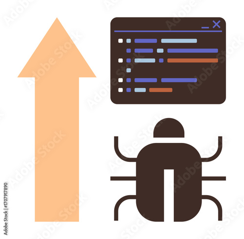 Upward arrow symbolizing growth, bug icon denoting software issue, and code block suggesting debugging. Ideal for coding, software development, growth, analysis, technology, problem-solving simple