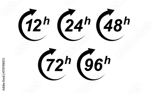 Hour icon 12, 24, 48 and 72 hours clock arrow. Fast service Work time effect or delivery service time icons 24 hours sign. Vector