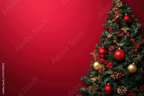 Wallpaper Mural Christmas tree adorned with red and gold ornaments against a festive red background Torontodigital.ca
