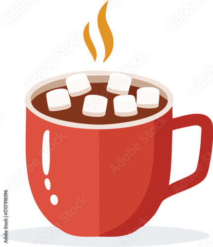 A cozy red mug of hot chocolate with melting marshmallows. A cute and warm vector illustration for winter and holiday drinks. Generative AI