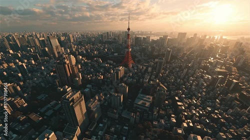 FPV drone shot, flying fast over the rooftops of buildings in Tokyo at sunset