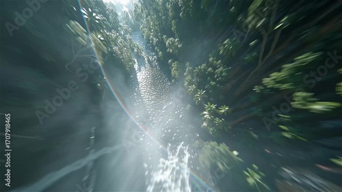 Hyper-detailed high-altitude shot diving fast, spiraling down a massive tropical waterfall. 