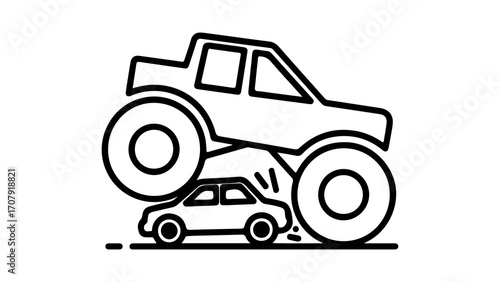 Monster truck crushing car with transparent background