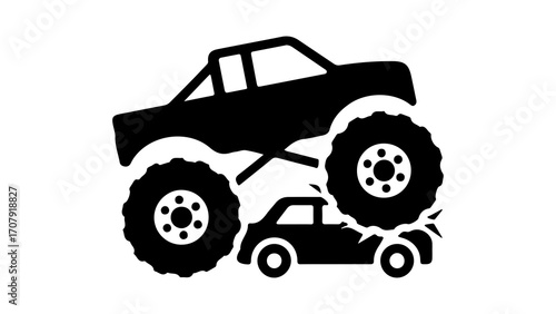 Monster truck crushing car with transparent background