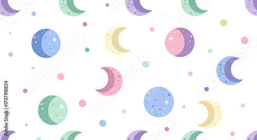 Colorful celestial bodies pattern on a white background, moons and stars.