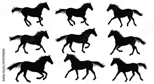 nine black horse silhouettes galloping dynamically across white background