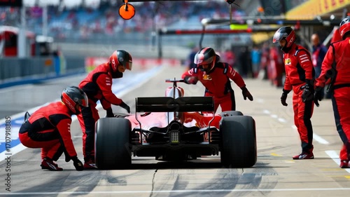 Red Formula 1 racing car in the pit lane with team crew in red uniform preparing for the race. Professional motorsport, teamwork during pit stop.