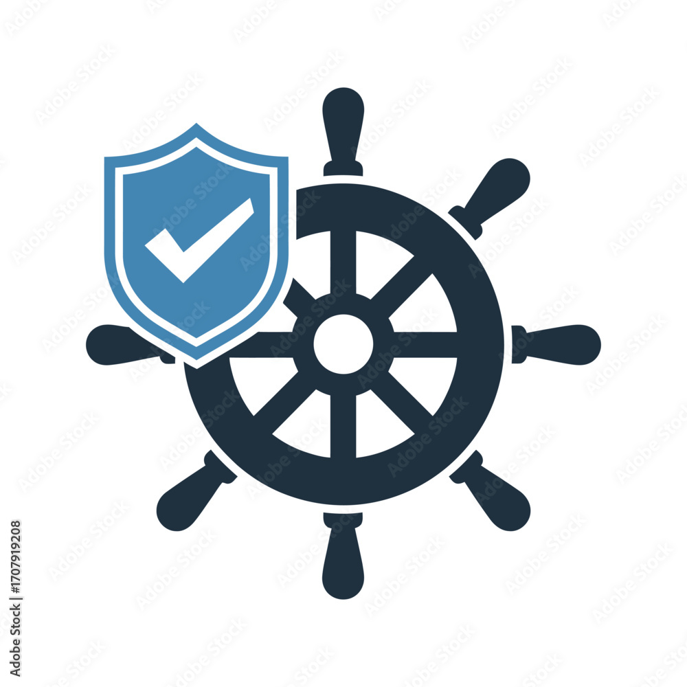 Fototapeta premium Nautical ship wheel with security shield and check mark icon for safety