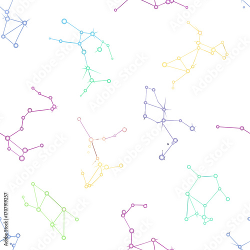 Colorful Hand Drawn Zodiac Constellations Seamless Pattern.