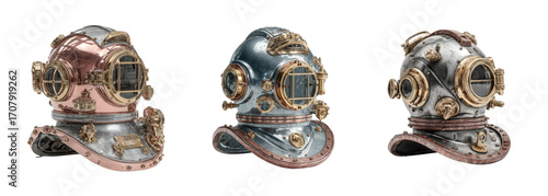Vintage Diving Helmets Trio: Retro Copper, Steel, and Aged Metal Designs for Underwater Exploration, PNG set Transparent background