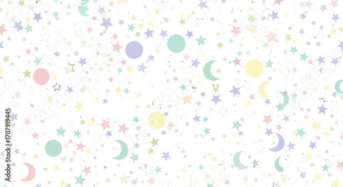 Pastel Celestial Pattern with Moons, Stars, and Planets.