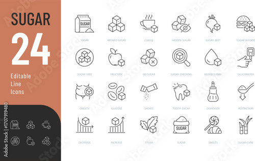 Sugar line Editable Icons set. Vector illustration in modern thin line style of glucose, stevia, sweets, and more. Isolated on transparent background.