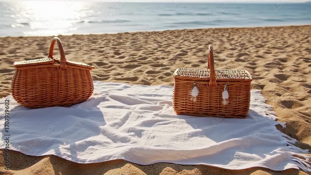 Two wicker picnic baskets on a white cloth blanket on a sandy beach, overlooking the ocean