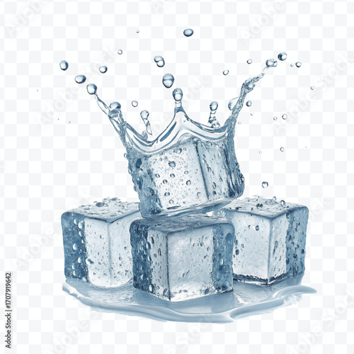 realistic 3d smooth ice cubes into water splash in  different style isolated on transparent background