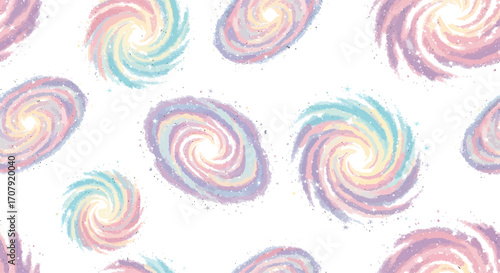 Colorful spiral galaxies in a seamless pattern, abstract cosmic design.