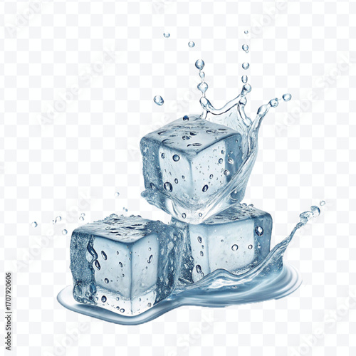 realistic 3d smooth ice cubes into water splash in  different style isolated on transparent background