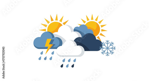 A diverse set of colorful weather forecast icons.