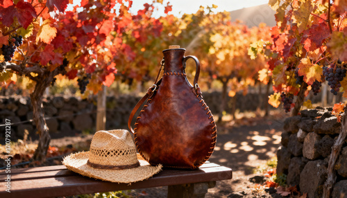 Traditional leather bota wineskin and a straw hat on a bench in a vineyard at sunset. Autumn harvest season with ripe grapes and colorful red and yellow fall foliage.