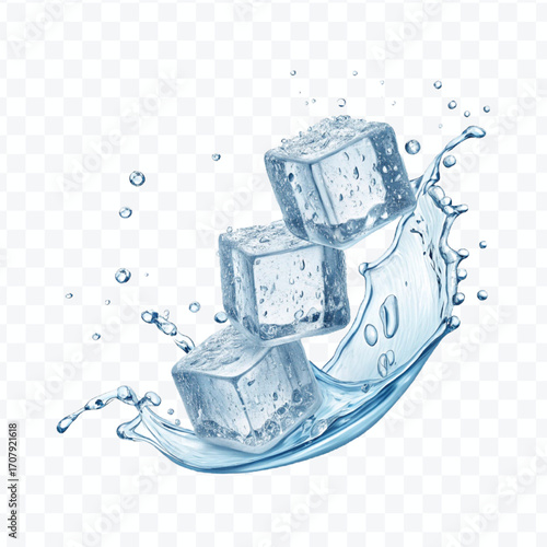 realistic 3d smooth ice cubes into water splash in  different style isolated on transparent background