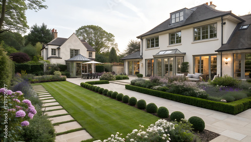 View of a large house with a manicured lawn and garden with flowers and trees i