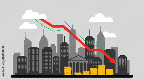 Economic Downturn Depicted with Declining Graph over Cityscape and Coin Stacks