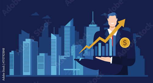Business visionary driving financial growth, urban landscape backdrop vector