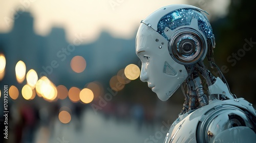 A robot gazes into the distance against a blurred cityscape, embodying a blend of technology and humanlike contemplation