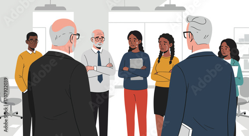 Layoff notification with crying diverse office workers in modern workplace