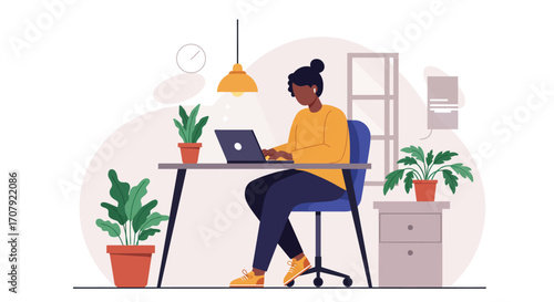 Productive remote work atmosphere featuring a woman working at her desk