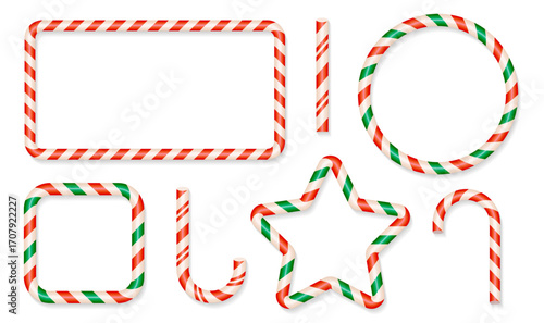 Set of Christmas 3d candy cane frames with red, green and white stripes. Striped Christmas candycane shapes - rectangle, square, star, circle. New Year template with copy space. Vector illustration