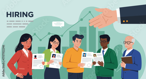 Diverse candidates seeking employment with rising market illustration