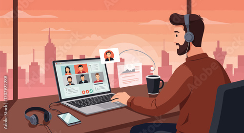 Man participates in a video conference call at his home with city view