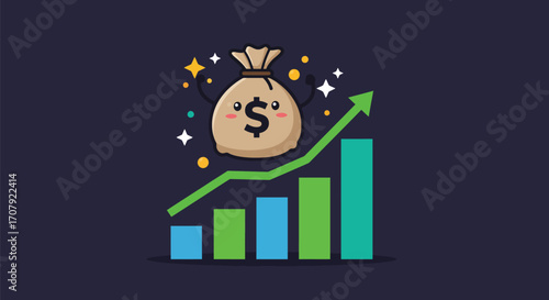 Cute money bag character overseeing a cheerful financial growth graph