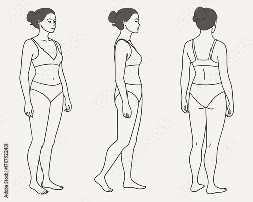Full-length standing portrait in underwear. Nine angles figure front, 3 of 4, side, back views shape. Female body profile.