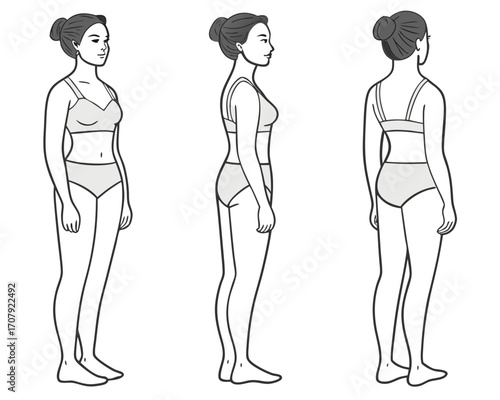 Full-length standing portrait in underwear. Nine angles figure front, 3 of 4, side, back views shape. Female body profile.