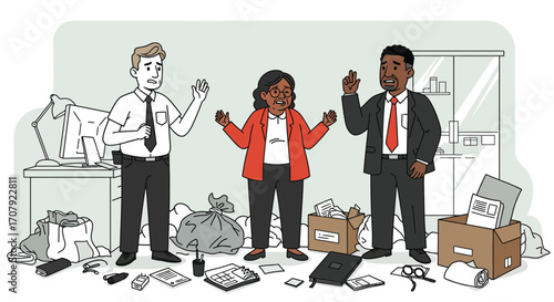 Shocked employees facing job loss with belongings packed in boxes