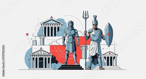 Ancient Greek Gods Pose With Shields and Spears.