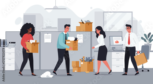 Dismissed Employees Leaving Office with Belongings Amidst Economic Downturn