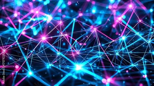 Neon light composition in glowing blue and pink tones, captured with DSLR 35mm lens, crisp highlights, focus on intersecting beams under low-light setup