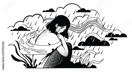 Monochrome illustration depicting melancholy with rain and emotional confinement
