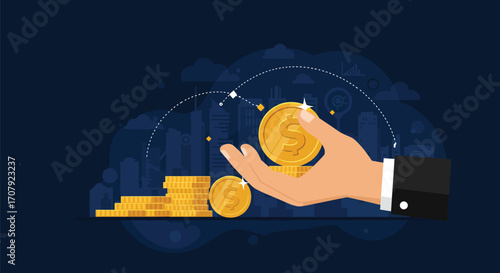 Investment Growth Illustration with Hand Holding Dollar Coin in Cityscape