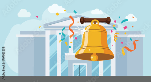 Iconic stock exchange opening bell with confetti celebration vector illustration