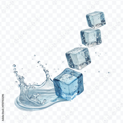 realistic 3d smooth ice cubes into water splash in  different style isolated on transparent background