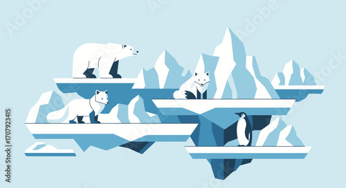 Arctic animals polar bear arctic fox penguin on icebergs.