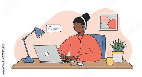 Illustrative portrayal of a woman engaging in remote work with headphones on