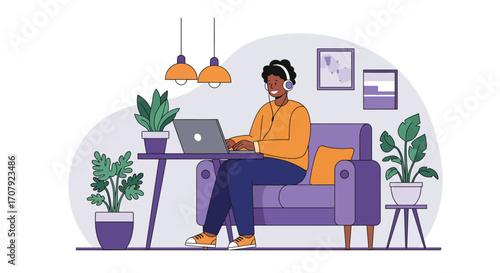 Relaxed individual working remotely from home with laptop and headphones