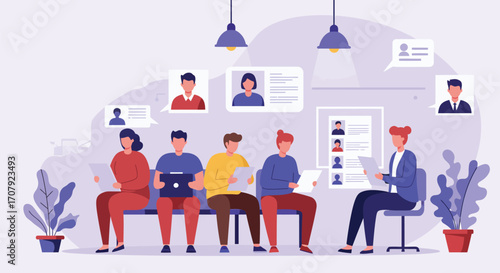 Candidates awaiting job interviews, visualized hiring and recruitment process