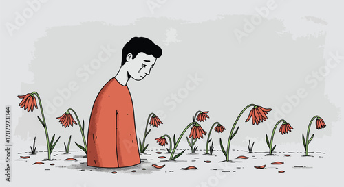 Despondent individual amidst drooping blossoms signifying melancholy emotions